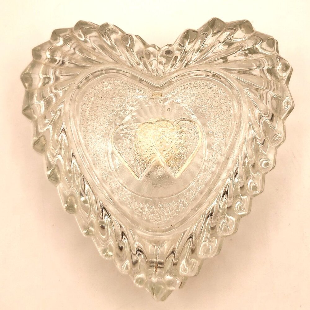 Vintage Crystal Clear Heart Shaped Lidded Trinket Box Hand Crafted in Romania
